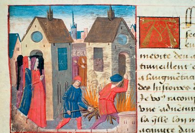 Ms Hunter 252 f.75v家を燃やす、Les Cent Nouvelles Nouvelles、1462 作： French School