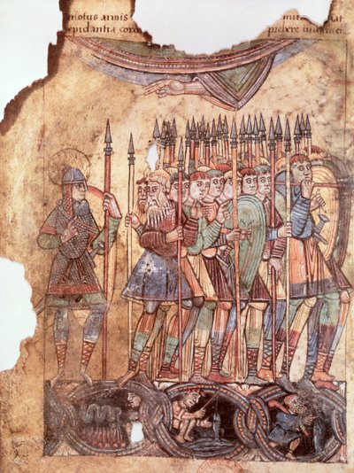 La Vie de Saint Aubin dAngersのMs Lat 1390 fol.7v十字軍の歩兵 作： French School