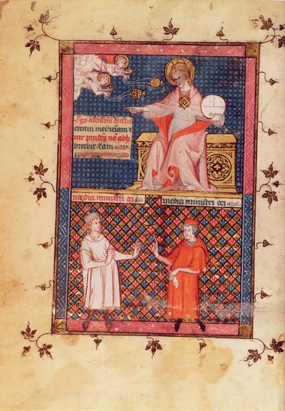 Ms Lat 14023 fol.1v Avicenna（Ibn Sina）（980-1037）によるGerard de Cremone（1114087）c.1320訳による医学の正典からの、医学を創り、医師に知識を与える神 作： French School