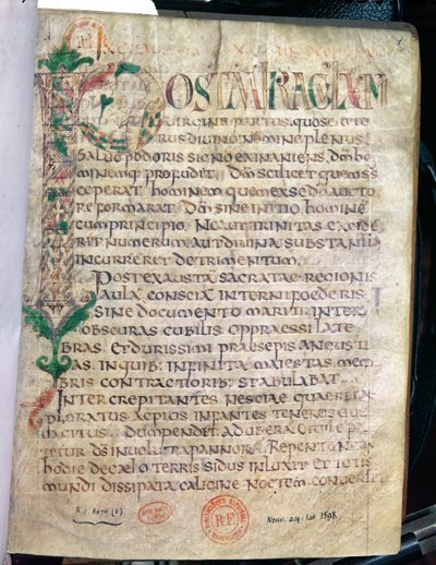 Ms Lat 1598 Fol.1 Zoomorphic歴史的初期P、セントオーガスティン（354-430）の作品から 作： French School