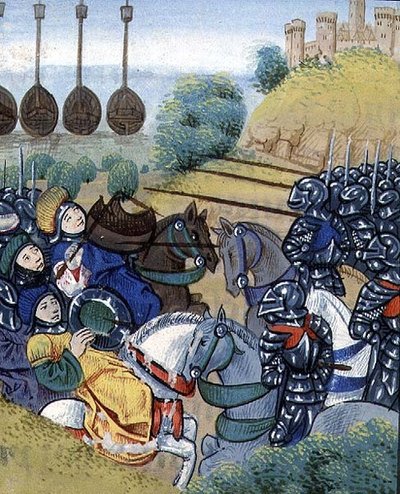 Ms Roy 20 C IX f.278v トルコ艦隊を背景にしたトルコ人に対するハンガリーの勝利、ジャン シャルトリエ作、15 世紀後半、「Cronique du Temps de Treschretien Roy Charles VII」より (ベラム) 作： French School