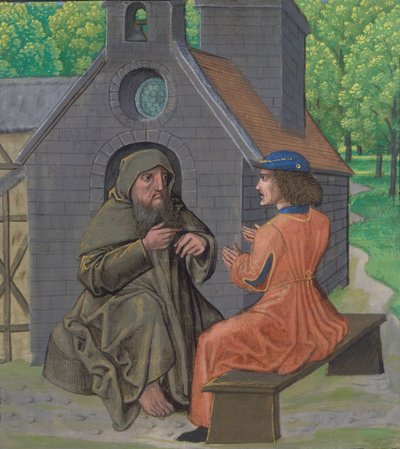 ミズ ロイヤル 14 E. 11、f.338 「Chemin de Valliance and works in French verse and prose」からの騎士に指示する隠者、c.1475 (ベラム) 作： French School