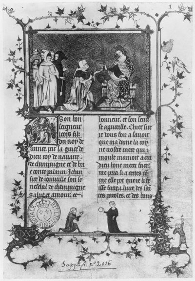 Ms fr 13568 fol.1 Jean de Joinvilleがセントルイス（1215-70）に関する本をルイX（1289-1316）に贈る 作： French School
