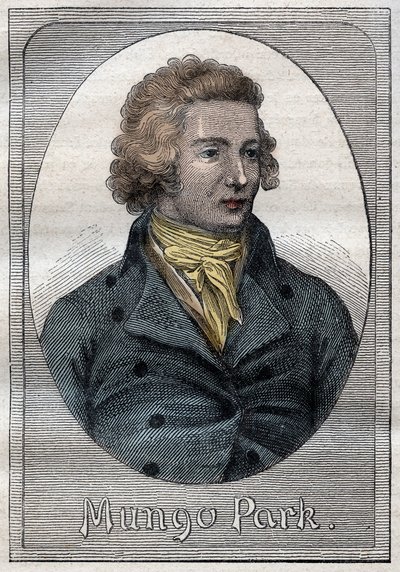 スコットランドの探検家マンゴ・パーク - マンゴ・パーク（1771-1806）の肖像 - "The Great Mariners of 18th century "のイラスト 作： French School