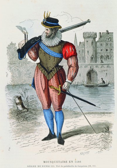 1586年のマスケット銃兵、H。グルドンデジェヌイヤックによる数世紀にわたるコスチュームドパリのイラスト、A。レナールの彫刻（カラー彫刻） 作： French School
