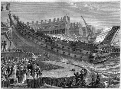 1810年5月2日、アントワープでの「フリードランド号」進水式におけるナポレオン（1769-1821）とマリー・ルイーズ（1791-1847） -"皇帝ナポレオン1世（1769-1821）とインペラトリーゼ、ウェストファリア国王夫妻に囲まれ、80連装砲艦「フリードランド号」の進水式に出席。 作： French School