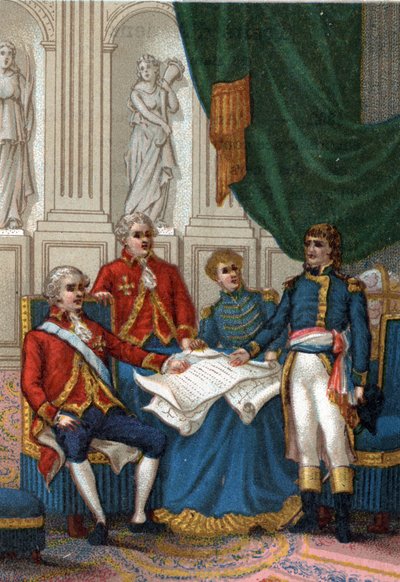 ナポレオン・ボナパルトは1802年3月25日にアミアンで、イギリスとフランスが平和条約を結び、第二次ヨーロッパの対仏連合に終止符を打った。(The Peace of Amiens, 25 March 1802)と書かれています。 作： French School