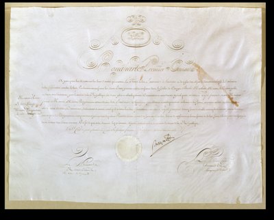 ナポレオンボナパルテス（1769-1821）、1803年4月30日、アメリカ合衆国によるルイジアナの購入の許可（ベラムにインク） 作： French School