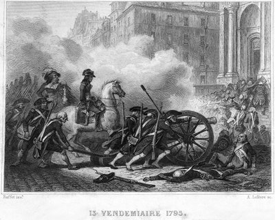 王党派の反乱を鎮圧するナポレオン - 13 Vendemiaire（10月5日）の街頭戦で革命軍を指揮するナポレオン・ボナパルト（馬上） - 13 Vendemiaire 1795（1795年10月5日の王党派の反乱）の街頭戦。ボナパルトは、シューによる命令を再開した。 作： French School