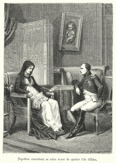 エルバ島を出る前に母に相談するナポレオン（版画 作： French School