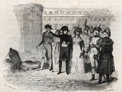 ナポレオンがタリアン夫人（旧姓テレサ・カバルス、カラマン・シメイ王女）と歩く姿（1773年～1835年） パリのヴァンドーム広場 - 「Les rues de Paris」に掲載された彫刻。古いパリと現代のパリ：起源、歴史、モニュメント、衣装、モラル、クロニ 作： French School