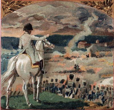 ナポレオン戦争：ナポレオン1世(1769-1821)がフランス遠征中の1814年1月29日にBrienne-le-Chateau(ブリエンヌ・ル・シャトー)の戦い(ドーン)を視察。フランス軍はGebhard Leberecht von Blucher (1742-1819)将軍のプロイセン軍を破った。 作： French School
