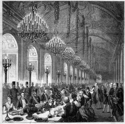 ナシル・アル＝ディン（Nasser al-Din）（1831-1896）ペルシャからヴェルサイユに来たシャー。氷の回廊での宴会。その左隣にはブロリー公アルベール（1821-1901）がいた。 作： French School