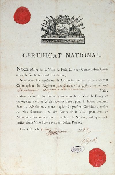 1789年8月8日、パリでフランス革命中の国家善行証明書 作： French School