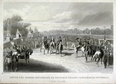 パリの国民議会を守る国民衛兵。フランス1848年革命時の刻印（エングレービング 作： French School