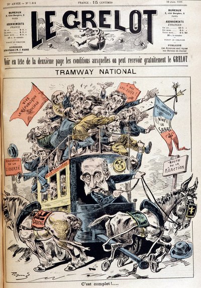 ナショナル・トラム左翼と右翼の間で捨てられたフランス、メリン政権についての風刺画-1898年6月12日付「Le Grelot」にて 作： French School