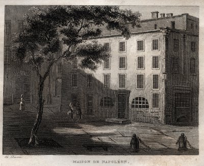 アジャクシオ（コルシカ島）のナポレオン・ボナパルトの生家 - Birthplace of Napoleon Bonaparte a Ajaccio en Corsica - M. de Norvins, Ch. Nodier 1834-1836による "Picturesque Italy" - History and Descriptive Painting of Italyからのエングレーヴィング。 作： French School