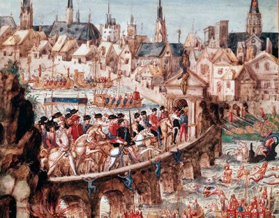 1550年1月10日、ヘンリー2世（1519-1559）とカトリーヌ・ド・メディシス（カテリーナ・ド・メディチ）（1519-1589）の王室入場の際に、ルーアン市が主催した航海ショー サン・ウーアン橋でセーヌ川を渡る騎手（サン・ウーアン橋の 作： French School