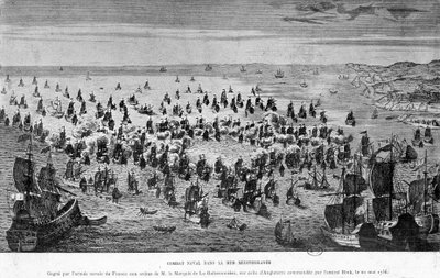 地中海での海戦で、ガリソンニエール侯爵の命を受けたフランス海軍が、ビンク提督の指揮するイギリス海軍に勝利した（5月20日）。 作： French School