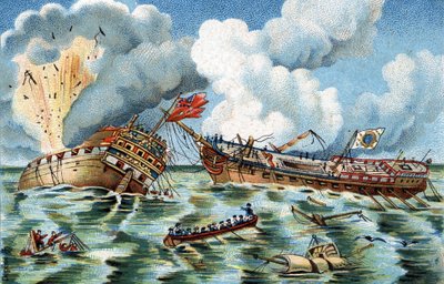 1779年10月6日、Ouessant近郊で行われたSupervisante号とQuebec号の海戦。フランスのフリゲート艦はデュクーディック・ド・ケルゴアラー大尉、イギリスのフリゲート艦はファーマー大尉が指揮した。1890年頃のクロモリトグラフ。 作： French School