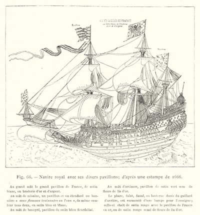 様々な旗を掲げた王室の船（1666年の版画より 作： French School