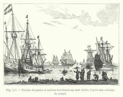 17世紀の軍艦と商船；当時の版画より 作： French School
