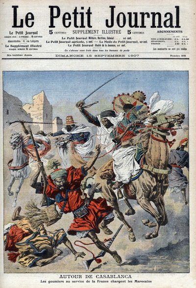カサブランカの近くで、モロッコ人に突撃するグミエたち（イラスト：「Le Petit Journal」より）。 作： French School