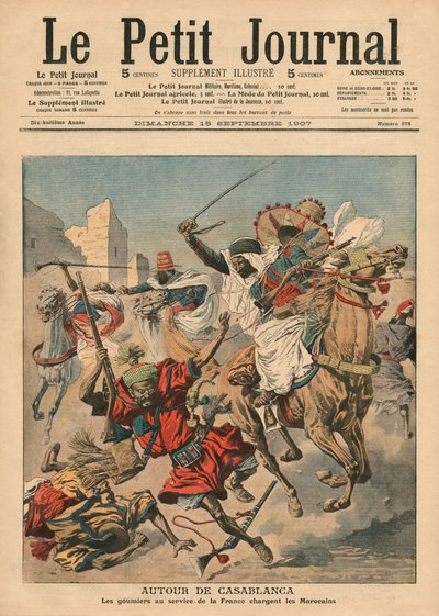 カサブランカの近く、モロッコ人を襲撃するグミエ、「ルプチジャーナル」からの挿絵、挿絵、1907年9月15日 作： French School