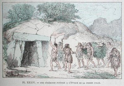 新石器時代の葬送儀礼、レンゲード博士の「Les Origines de la Vie」からの挿絵、1880年頃（彩色済み彫刻）。 作： French School