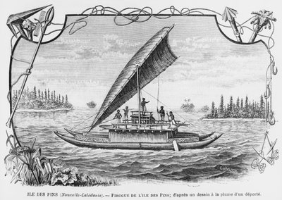 ニューカレドニア、パインズ島のピローグ、追放者のペンとインクで描いた後、速報Les Missions Catholiques、1893年のイラスト 作： French School