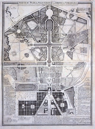 1714年のヴェルサイユの町、城、庭園の新しい計画、レプラン、プロフィールなど、ヴェルサイユ宮殿の標高、1715年に公開 作： French School