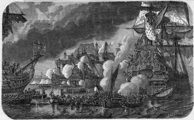 九年戦争（アウグスブルグ同盟戦争）（1688-1697）：1692年5月19日、英蘭艦隊とトゥールヴィル伯爵（1642-1701）の副提督アン・ヒラリオン・オブ・コスタンタン（コタンタン）のフランス艦隊との間で行われたHougueの戦い。彼女が見た敗北は 作： French School