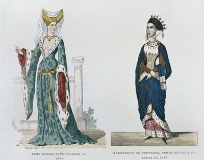 シャルル6世の統治下にある貴婦人、ルイ9世の妻マルグリットドプロヴァンス、1285年、フランス人の民間および軍用衣装から数世紀に渡って死去 作： French School