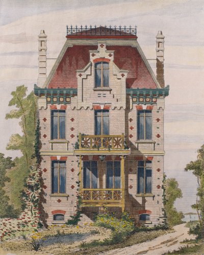 Villers sur mer、ノルマンディーのノルマン邸、1883年のルモニテュールデアーキテクツの図（カラー彫刻） 作： French School