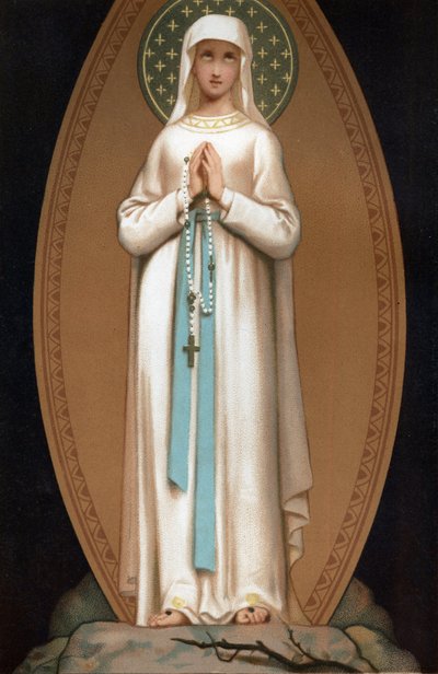 Notre Dame de Lourdes: 1858年にルルドの洞窟でベルナデット・スービロウスが見たであろう聖母マリアの姿を表現。クロモリトグラフィー。アンリ・ラセールによる「ルルドのノートルダム」の正面図 作： French School