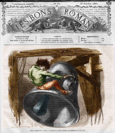 小説シリーズ。ヴィクトル・ユーゴー（1802-1885）の「ノートルダム・ド・パリ」。鐘楼の上のクアシモド。"Les bons romances "に掲載されたエングレーヴィング 作： French School