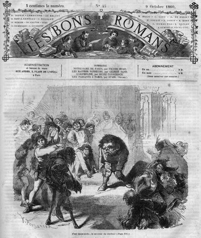 小説シリーズ。"ヴィクトル・ユーゴー（1802-1885）の「ノートルダム・ド・パリ」。鐘を鳴らすクアシモドの前で怯える群衆と笑う群衆。"Les bons romances "に掲載されたエングレーヴィング 作： French School
