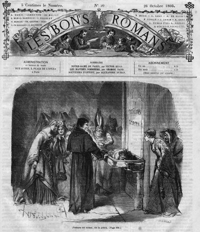 小説シリーズ。ヴィクトル・ユーゴー（1802-1885）の「ノートルダム・ド・パリ」。司祭はクアシモドを養子にすることを決める。"Les bons romances "に掲載された図版 作： French School