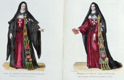 エルサレムの聖ヨハネ騎士団の修道女、1842年のヘリオット神父による修道会の注文の歴史と衣装からのイラスト 作： French School