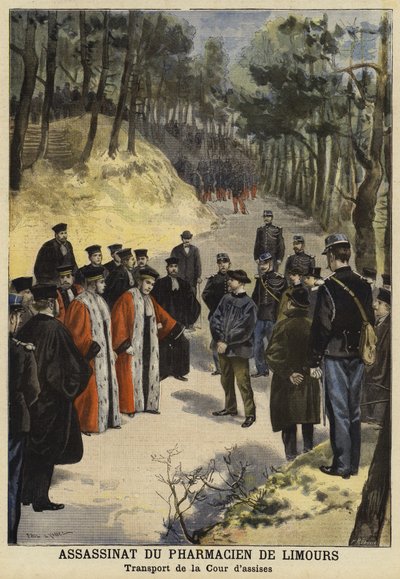 1897年、フランスのロワイヤに近い、リムール出身の薬剤師カウフマン氏の殺害現場を訪れた裁判所の役員、1897年 作： French School
