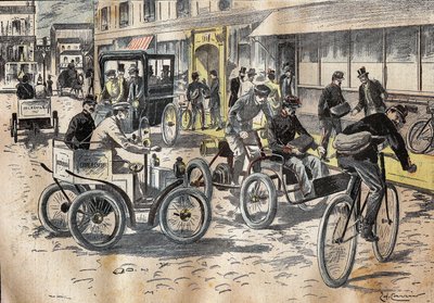 1899年10月5日、パリ12区の中央郵便局で、郵便局次官のレオン・ムージョ（1857-1928）が、郵便物を運ぶための自転車や各種自動車の初テストを行った。ル・プ」に掲載されたエングレーヴィング 作： French School
