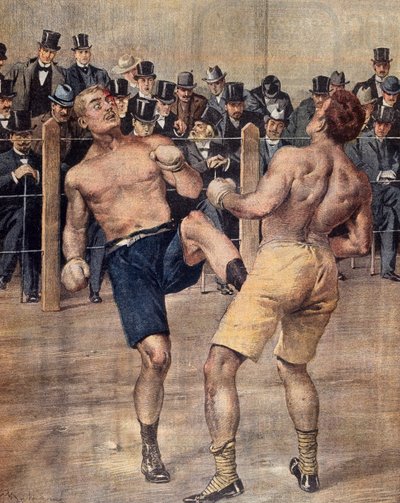 1899年にパリで行われたフランスのボクシング、サバテの最初の会合の一つ、カラーエングレービング。フランス 作： French School