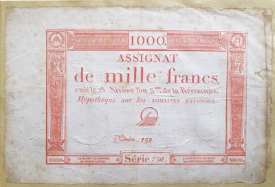 1千フラン紙幣、1795年（紙にインク） 作： French School