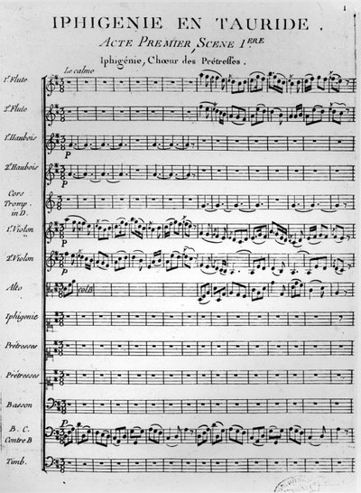 GluckによるIphigénieen Taurideの楽譜のオープニングページ（印刷） 作： French School