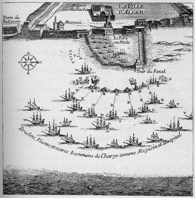 1683年のアルジェ攻撃のためのフランス船の勲章。エングレービング "La Marine et les colonies: commerce" より 作： French School