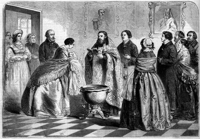 正教会の儀式-洗礼：1858年にロシアの上流社会で行われた、ギリシャ式の儀式による洗礼の儀式。子供はバプティステールに浸される前に、ゴッドマザーによって教皇にプレゼントされる。10月30日付「Le Monde Illustré」81号に掲載された図版 作： French School