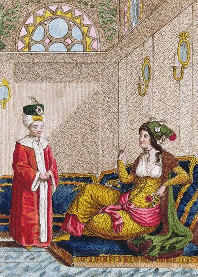 オスマン帝国の王子と彼の好きなスルタナ、1813年頃（カラー彫刻） 作： French School