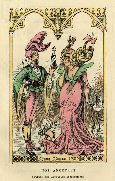 1330年の水彩画に戯画化された「私たちのアンセトル」。タッチャトゥー著『フランス・タンタマレスク史』（パリ）所収。 作： French School