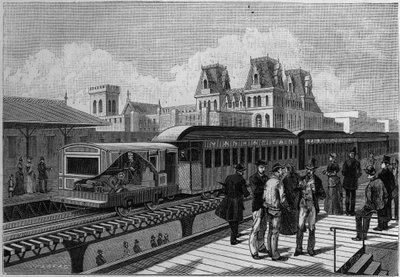 アメリカ・ニューヨークの高架鉄道駅と電気鉄道の概観。La Nature」に掲載された版画。Revue des sciences et de ses applications aux arts et a l