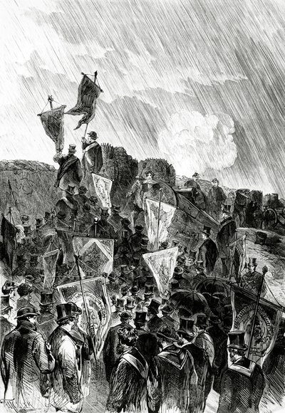 1870年5月5日、ルモンドイルストレにパリの砲撃の中止を要求する1870年4月28日のフリーメーソンによる要塞に関する平和主義者のデモ 作： French School